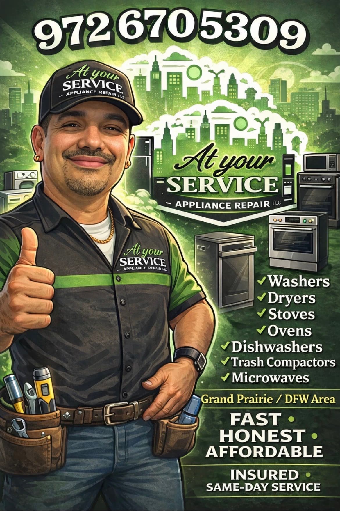 At Your Service Appliance Repair promotional flyer featuring the business owner, phone number, and appliance services